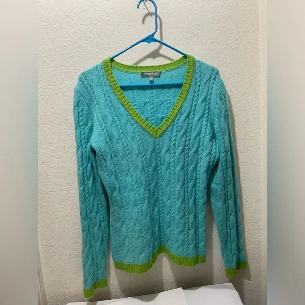 Neiman Marcus Womens Sweater Large Green Cashmere Cable Knit V Neck Top Shirt